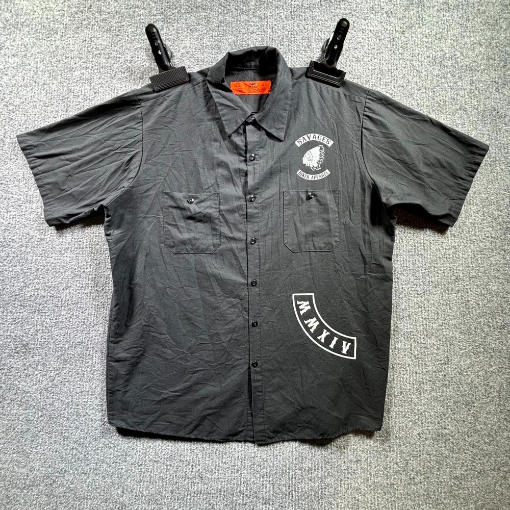 Red Kap Savages Biker Apparel Shirt Mens XL Black Button Front Short Sleeve Work